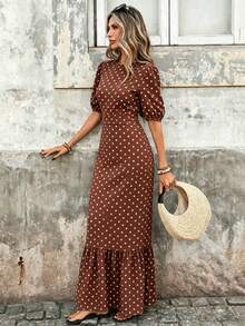 Vestido midi con espalda abierta, lazo en la cintura y mangas abultadas en estilo retro francés a cuadros - Perfecto para vacaciones y oficina - Marrón - Ver 4