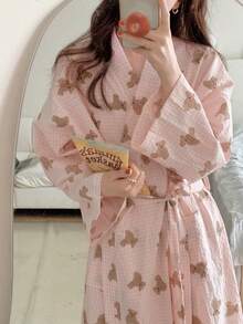 1-Piece Women's Spring/Autumn Korean Style Simple Comfort Bathrobe Pajamas Loose Casual Homewear Quick Absorbent Bathrobe Suitable For Hot Spring Couple Bathrobes - Pink bear - View 4