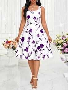 SHEIN Lady Bộ đồ 2 món thanh lịch dành cho nữ: váy không tay in hoa và áo khoác màu trơn. - Màu tím - Xem 3