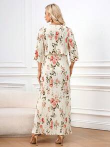 SHEIN Clasi 女款優雅浪漫花卉印花百褶長洋裝，米色秋季度假風復古寬鬆二合一長裙，適合婚禮、花園派對、單身女派對 - 杏色 - 查看 3