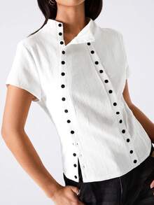LYSMO Damen Casual Doppelreiher Trichter Kragen Kurzarm Top - Weiss - Übersicht 6