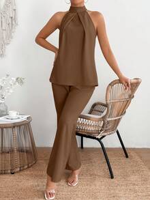 Breezaya Solid Color Mandarin Collar Sleeveless Pleated Minimalist Design Elegant Summer 2 Pieces Set 2 Piece Set - Mocha Brown - View 5