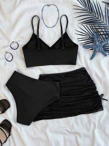 SHEIN Teen Girls' Solid Color Minimalist Everyday Bikini Sets - Black - View 2