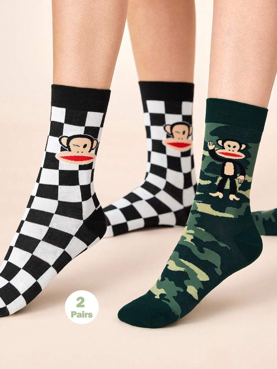Paul Frank X SHEIN 2雙柔軟透氣吸濕排汗休閒中筒襪 時尚迷彩與棋盤格圖案 加強腳趾與腳跟耐穿 中性男女適用 全季節百搭 夏冬圖案襪 - 彩色 - 查看 1