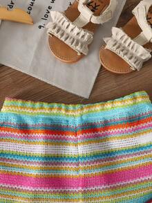 SHEIN Young Girl Colorful Striped Knit Top With 3D Floral Decor And Shorts Set - Blue - View 6