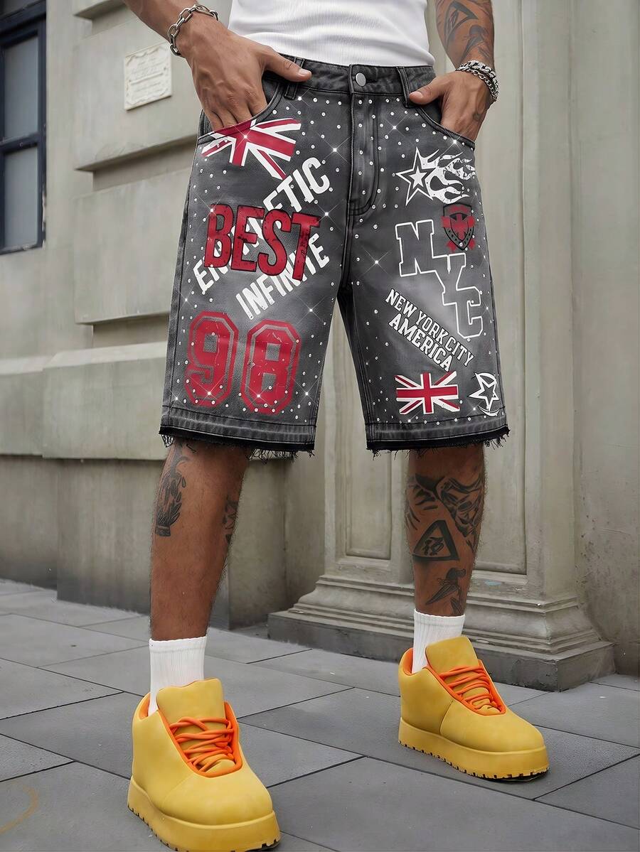 ROMWE MEN Grunge Punk Men's Letter Print Pocket Casual Denim Shorts - Grey - View 1
