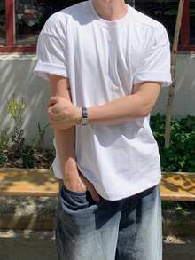 DAZY 男士休闲百搭圆领短袖纯白色T恤，夏季 - 白色 - 查看 6