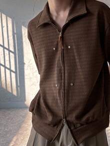 DAZY Textured Fabric Zip-Front Shirt - Brown - View 3