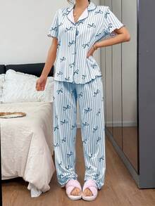Napfluff Bộ đồ ngủ nữ in họa tiết sọc và nơ, viền tương phản. - Màu xanh lam - Xem 7
