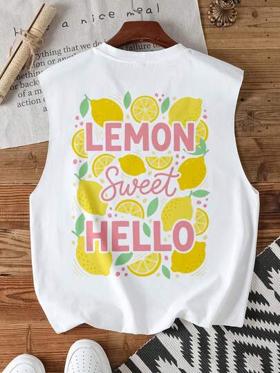 Manfinity Joysei White Lemon Print Sleeveless Tank Top, Suitable For Casual Outings, Island Vacations, Couple Matching, Gift For Boyfriend