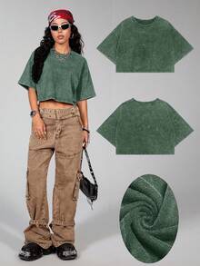 SHEIN Comfortcana Áo thun ngắn tay cơ bản 100% cotton đã qua xử lý, màu xanh ô liu. - Màu xanh lá cây đậm - Xem 4