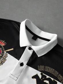 PAVTROS 男士美式学院风徽章刺绣T恤短裤套装（两件套），Polo领半袖T恤，二合一短裤，针织运动套装，美式复古学院风，高街潮流，奢华运动风，适合日常通勤、校园活动、聚会、轻度社交场合、高尔夫及其他户外运动，节日礼物 - 黑與白 - 查看 6