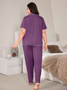 SHEIN Purple Ruffle Trim Super Soft Draping Summer Floral Chiffon Knit Fabric Classic Loose Turndown Collar Open Front, Casual Loungewear PJS - Purple - View 2