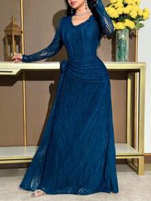 Modelyn Women's Solid Color V-Neck Long Sleeve Lace Waist Cinched Elegant Midi Dress With 3D Floral Decor Elegant Blue Maxi Dress Blue Lace Evening Gown Blue Long Sleeve Formal Dress - Navy Blue - View 4