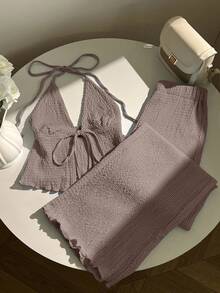 Elamini Women's Textured Pleated Halter Top And Loose Wide Leg Pants Set Comfortable Two Piece Set - Grey - View 5