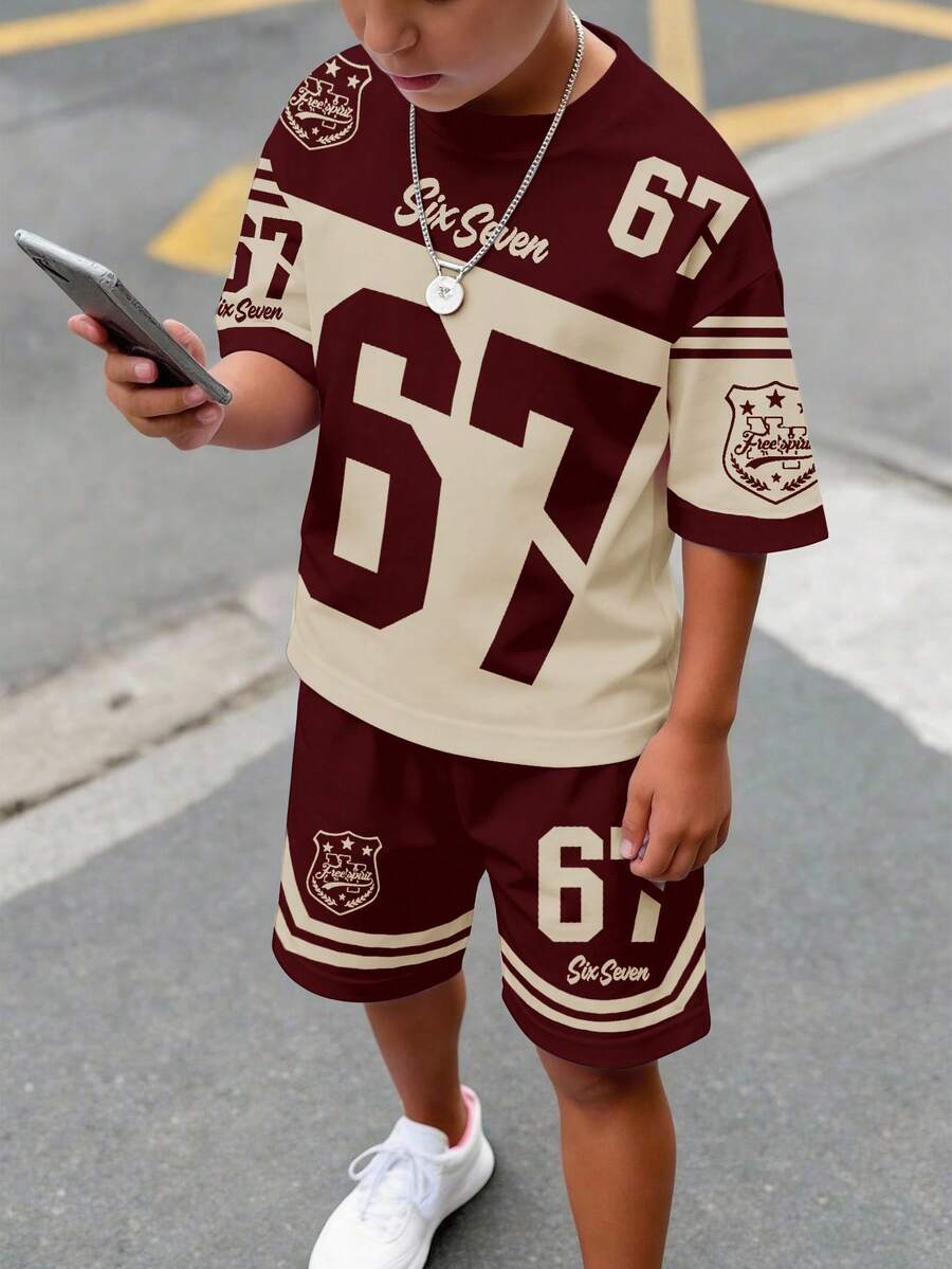 Teen Boy Casual Minimalist Short Sleeve Crew Neck T-Shirt And Shorts Set, Suitable For Summer - Multicolor - View 1