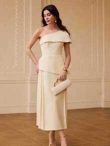 ZEYLAH Oblique Shoulder Waist Gathered Pleated Midi Dress, Spring/Summer - Light Yellow - View 3