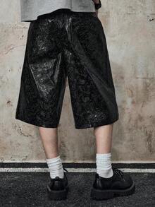 ROMWE MEN Goth 男士时尚直筒宽松休闲百搭夏季PU纹理短裤 - 黑色 - 查看 3