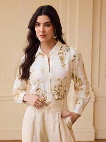 ZEYLAH Women's Fashion Sequins Embroidered Linen Long Sleeve Shirt - Apricot - View 6