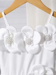 Vestido sin mangas con tirantes, blanco, dulce y elegante para niñas, con decoración de flores 3D y perlas, cintura ceñida, para fiesta de cumpleaños, para primavera/verano - Blanco - Ver 3