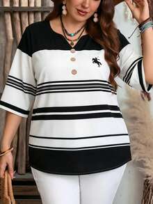 EMERY ROSE Áo sơ mi nữ cỡ lớn, cài cúc phía trước, kiểu dáng preppy, kẻ sọc đen trắng, tay ngắn, thích hợp mặc mùa hè, áo sơ mi nữ, kiểu dáng đồng quê, áo sơ mi phong cách bohemian. - Đen và trắng - Xem 5