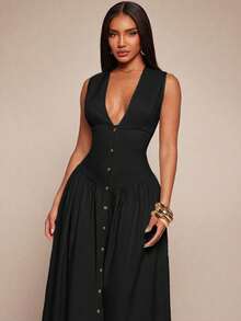 Radiana 女士性感优雅极简V领无袖连衣裙，长款连衣裙，收腰连衣裙，纽扣衬衫裙，吊带裙，飘逸长裙，休闲连衣裙，商务休闲装，复古风格连衣裙，极简时尚，度假连衣裙 - 黑色 - 查看 6