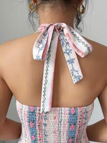 Selianne Women's Blush Pink Summer Boho Vacation Elegant Retro Shirred Fitted Bowknot Decor Print Camisole,Sleeveless Spaghetti Strap Tie Back Top - Pink - View 8