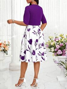 SHEIN Lady Bộ đồ 2 món thanh lịch dành cho nữ: váy không tay in hoa và áo khoác màu trơn. - Màu tím - Xem 2