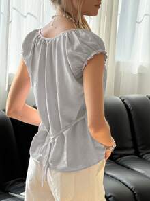 SHEIN Bubbli Camiseta de mujer de unicolor con cuello de volantes, uso diario minimalista - Gris - Ver 2