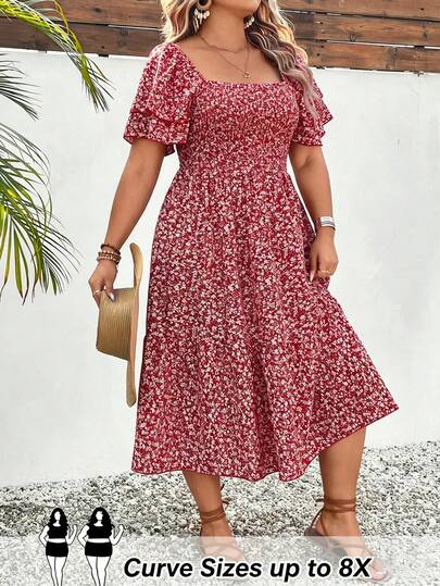 SHEIN CURVE+ Plus Size Women's Ditsy Floral Ruffle Hem Waist Cinched Dress, Suitable For Daily Wear, Spring/Summer
