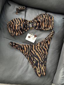 Swim Vcay Bộ bikini nữ in họa tiết, dây đeo có thể điều chỉnh, kiểu quây ngực, trang trí vòng tròn, cạp cao. - Nhiều màu - Xem 4