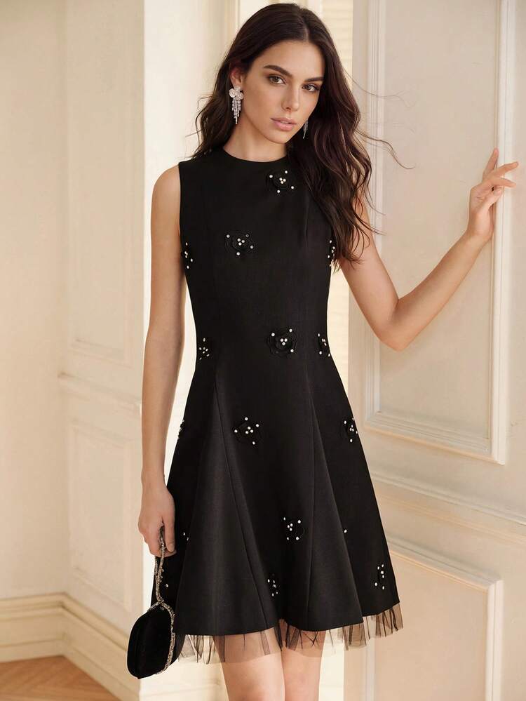 Women's Embroidered Beaded Black Sleeveless Dress, Elegant Party Wear