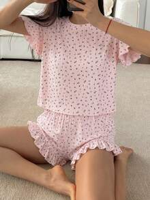 DAZY 2件套甜美碎花荷叶边短袖短裤睡衣套装，女士夏季 - 粉色 - 查看 4