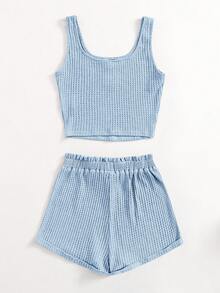 SHEIN Set Atasan Camisole dan Celana Pendek Pinggang Model Paper Bag untuk Liburan dan Perjalanan Santai Musim Panas Anak Perempuan Remaja - Baby Blue - View 2