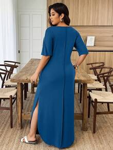 Weeklong Plus Size Women V-Neck Striped Dual Pocket Ruched Slit Hem Casual Knit Dress, Spring/Summer - Teal Blue - View 2