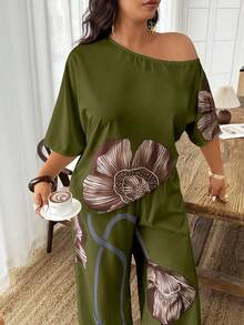 Weeklong Conjunto de 2 piezas de top holgado con cuello asimétrico estampado y pantalones rectos de talla grande para mujer, adecuado para vacaciones y uso diario, primavera/verano - Multicolor - Ver 3
