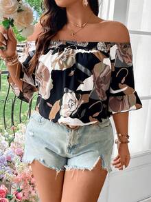 Vionelle Blusa con hombros descubiertos y estampado floral para tallas grandes - Marrón - Ver 6