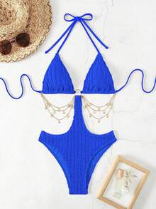 SHEIN Swim 1 pieza Traje de baño de una sola pieza de unicolor con decoración de cadena de moda para mujer, Verano - azul real - Ver 3