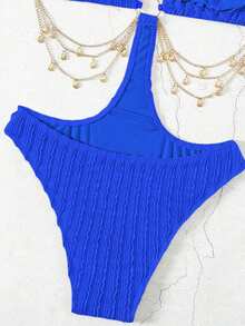 SHEIN Swim 1 pieza Traje de baño de una sola pieza de unicolor con decoración de cadena de moda para mujer, Verano - azul real - Ver 5