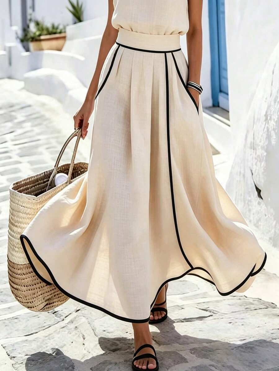 Balvessa Chân váy nữ kiểu dáng thường ngày phối màu tương phản - Màu be - Xem 1