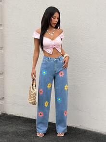 Quần jean denim in họa tiết thường ngày dành cho nữ - Màu xanh lam - Xem 5