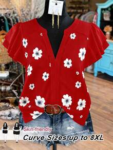 SHEIN CURVE+ Plus Size Women Summer Casual Floral Print Cap Sleeve Blouse - Red - View 1
