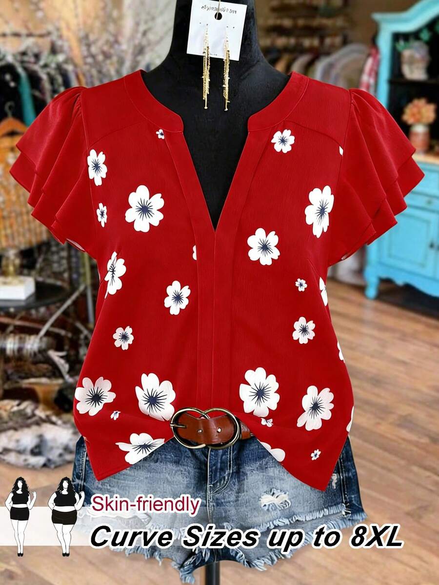 SHEIN CURVE+ Plus Size Women Summer Casual Floral Print Cap Sleeve Blouse - Red - View 1