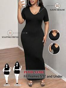 SHEIN PETITE CURVE Đầm dệt kim tay ngắn màu trơn dáng ôm vừa vặn, cỡ lớn, phong cách thường ngày. - màu đen - Xem 1
