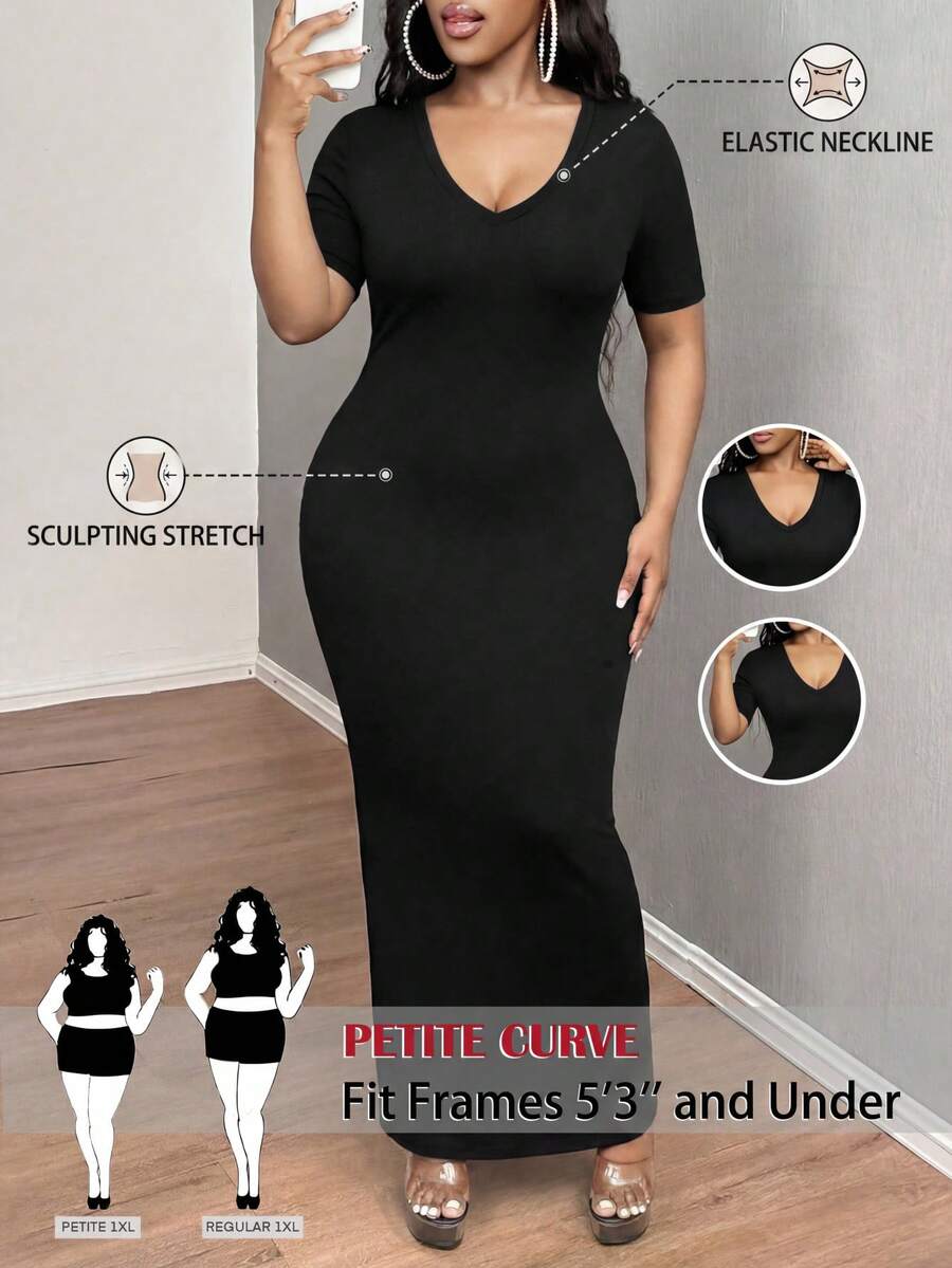 SHEIN PETITE CURVE Đầm dệt kim tay ngắn màu trơn dáng ôm vừa vặn, cỡ lớn, phong cách thường ngày. - màu đen - Xem 1