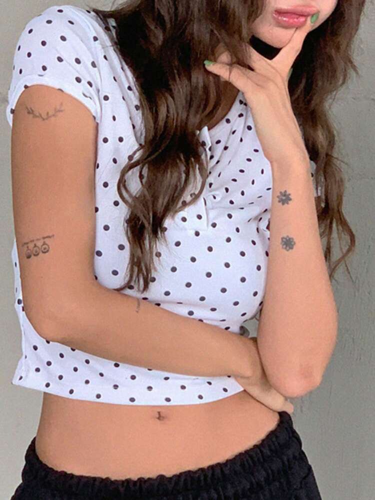 Women's Casual Polka Dot Print Cropped T-Shirt, Summer