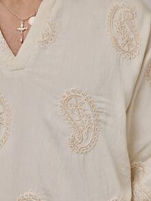 Musero Relaxed Fit Stand Collar Long Sleeve V Neck All Over Patterning Detailings Shirt Spring Summer Holiday Essentials - Apricot - View 6