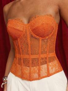 Glamine 女士优雅性感透视蕾丝抹胸上衣 - 橘色 - 查看 7