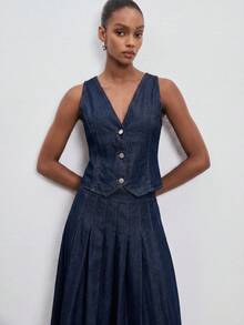 ATUI Studio 女士夏季休闲前扣牛仔背心和褶皱牛仔迷你裙套装 - 藏蓝色 - 查看 2