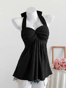 Blusa de verano para mujer con espalda anudada y estampado de rayas - Negro - Ver 5